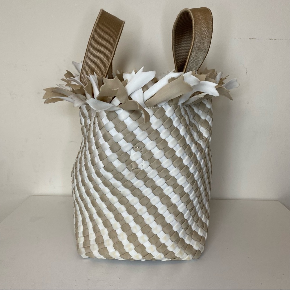NAGHEDI Havana Small Woven Neoprene Tote Fringe Crossbody Striped Almaza Tan - Picture 7 of 15